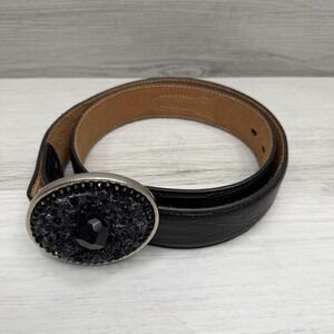 Black Leather Belt Women's Size 34 Wimberly Stone Oval Buckle Lizard Embossed